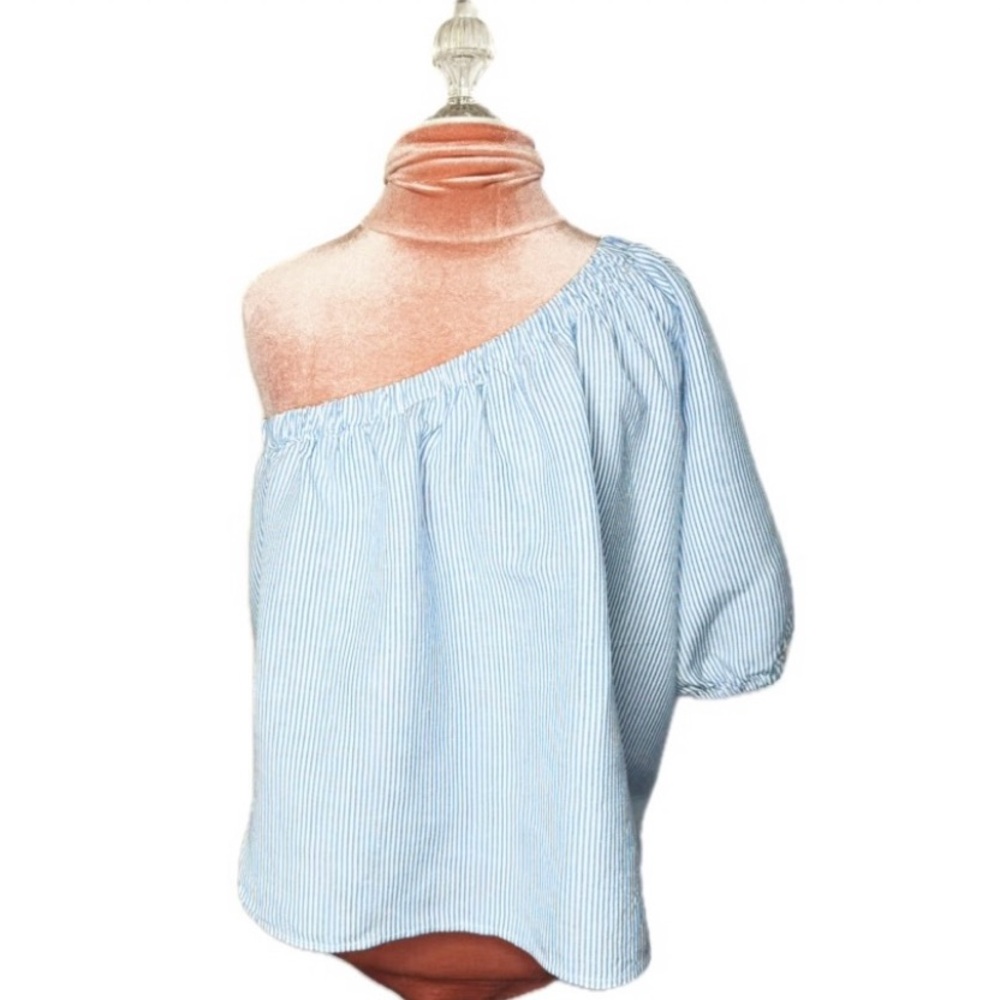 Loft Linen blend Striped One-Shoulder Top Blue White Women’s Size Large